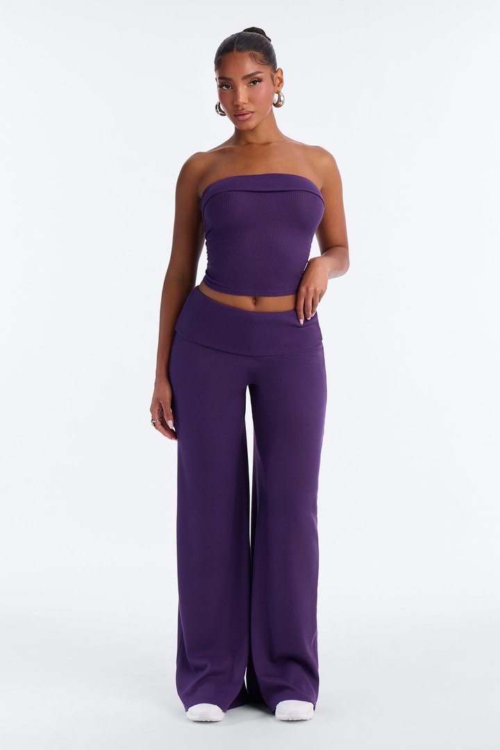 Megan Waffle Knit Foldover Waist Pant Set - Plum
