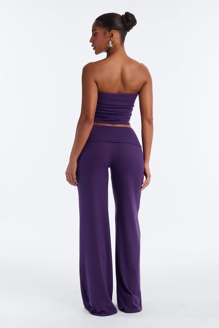 Megan Waffle Knit Foldover Waist Pant Set - Plum