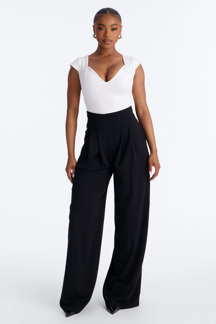 Lola Banded Waist Crepe Wide Leg Trouser Pant - Black