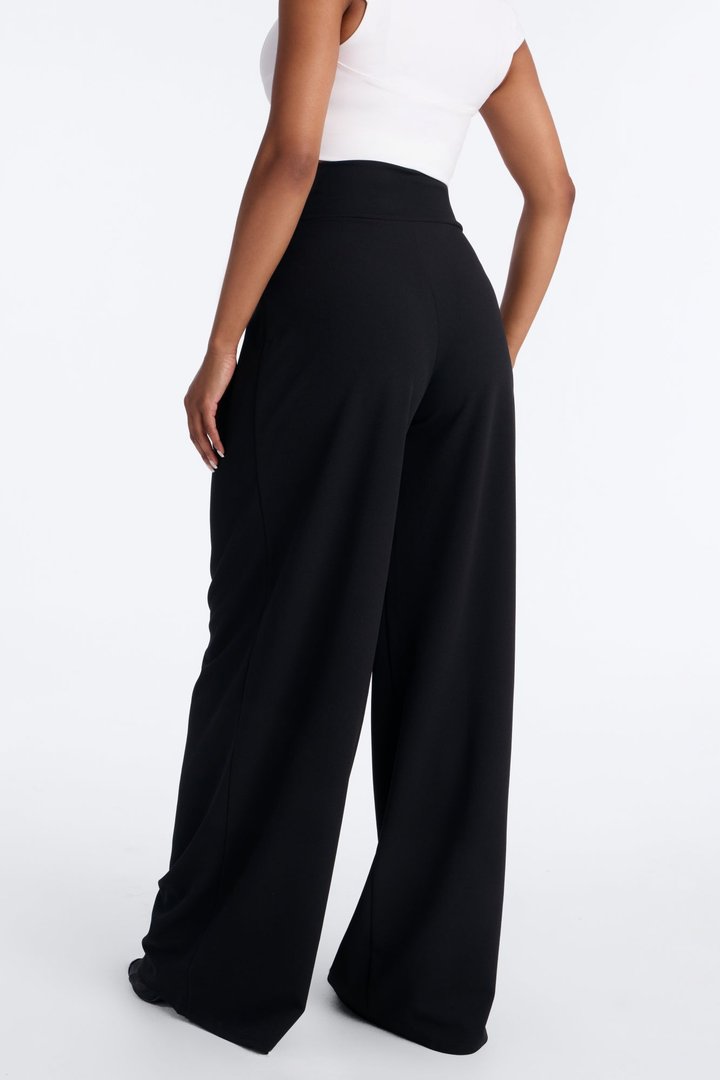 Lola Banded Waist Crepe Wide Leg Trouser Pant - Black