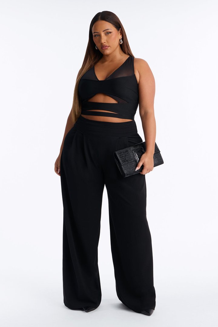 Lola Banded Waist Crepe Wide Leg Trouser Pant - Black
