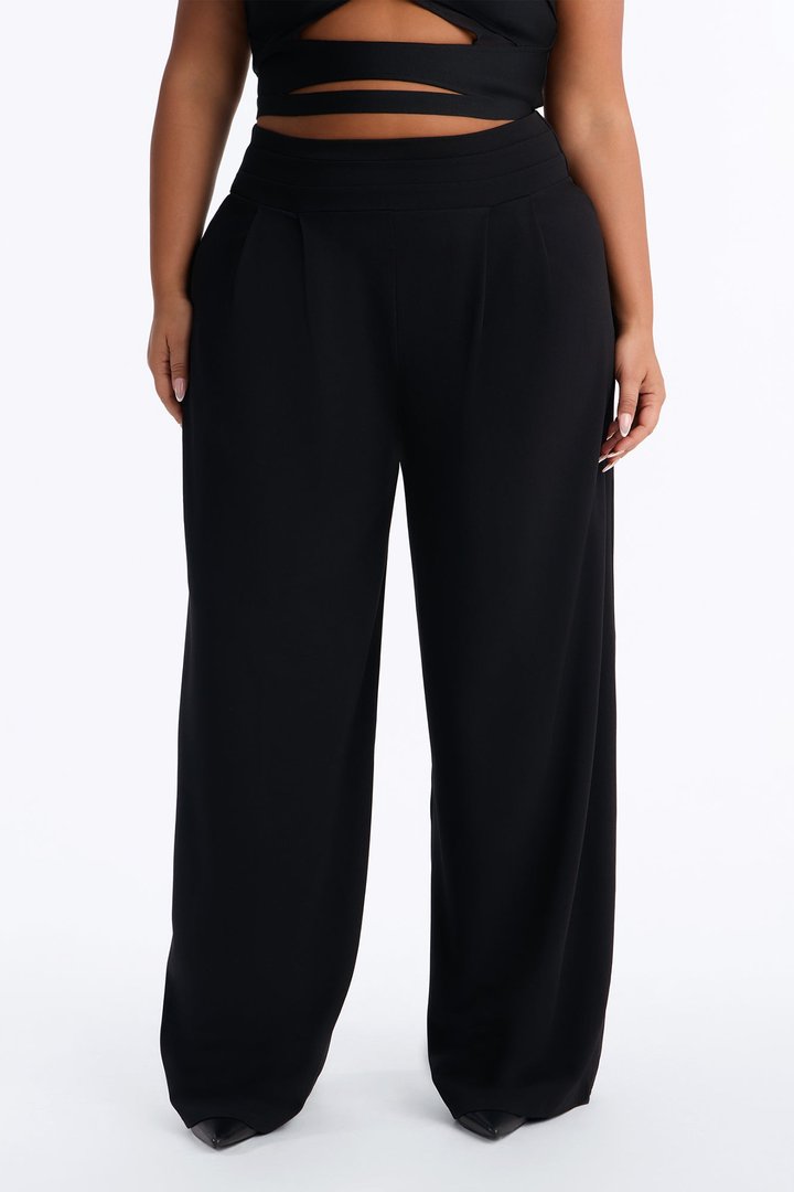 Lola Banded Waist Crepe Wide Leg Trouser Pant - Black