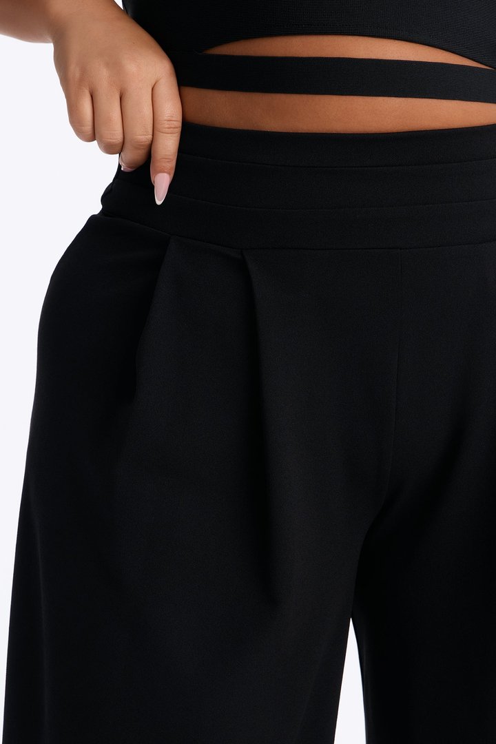 Lola Banded Waist Crepe Wide Leg Trouser Pant - Black
