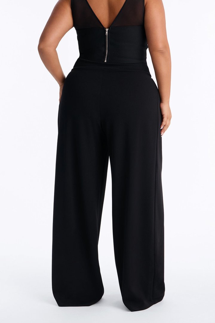Lola Banded Waist Crepe Wide Leg Trouser Pant - Black