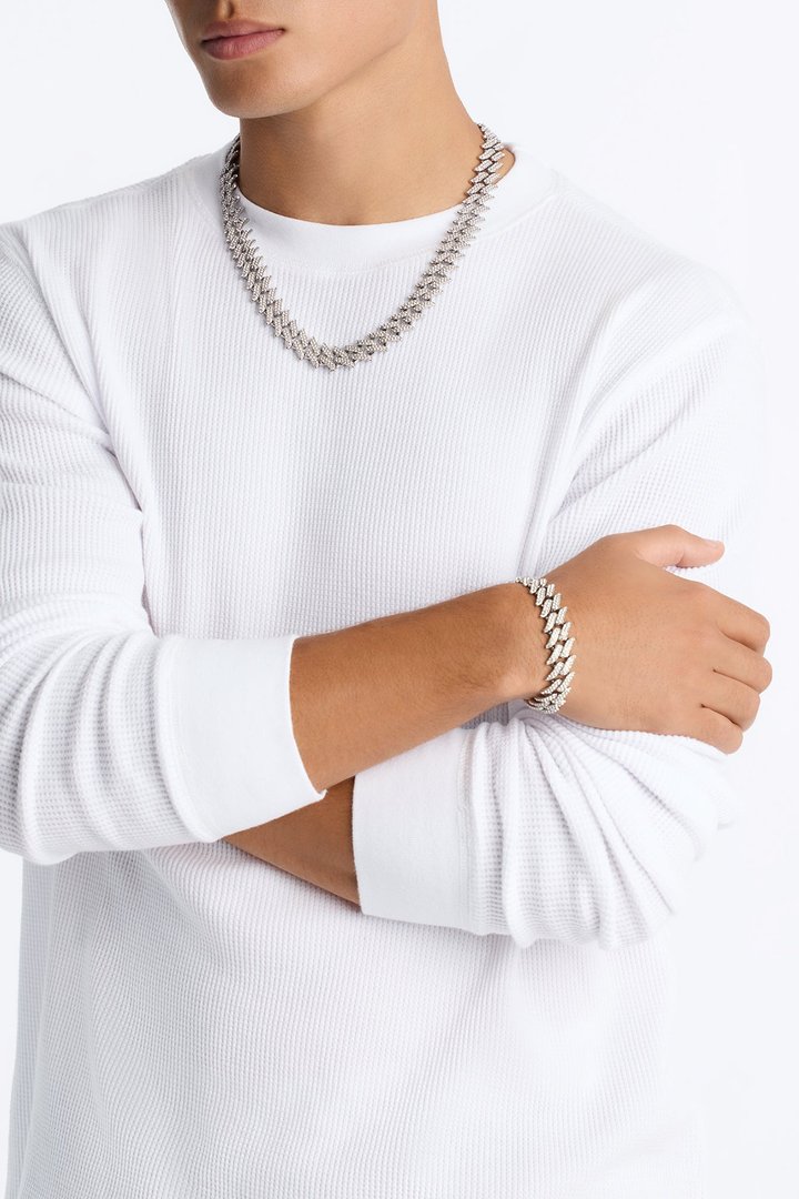Iced Spiky Bracelet And Necklace Set - Silver