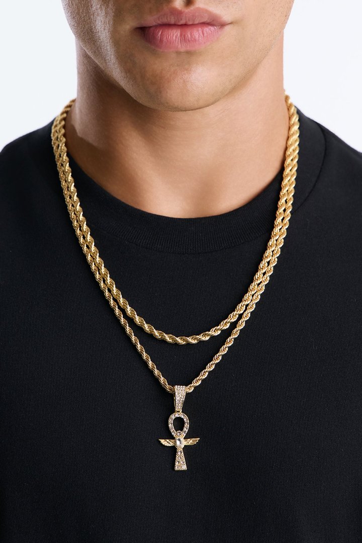 Ankh Rope Chain Necklace Set - Gold