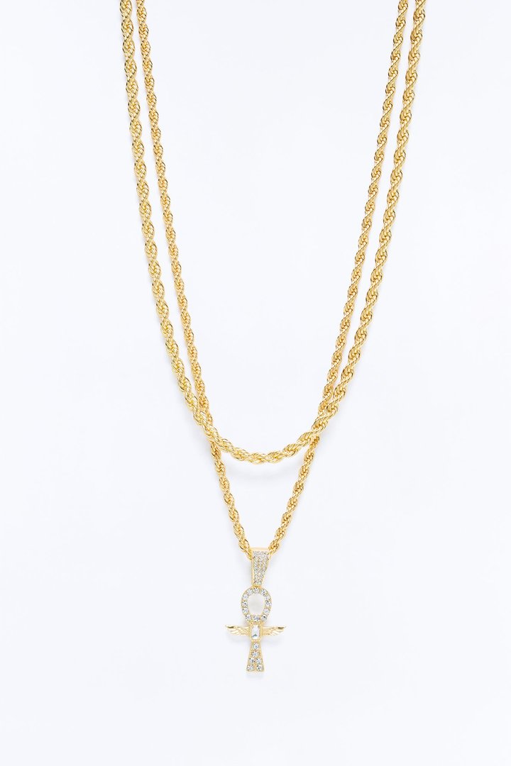 Ankh Rope Chain Necklace Set - Gold