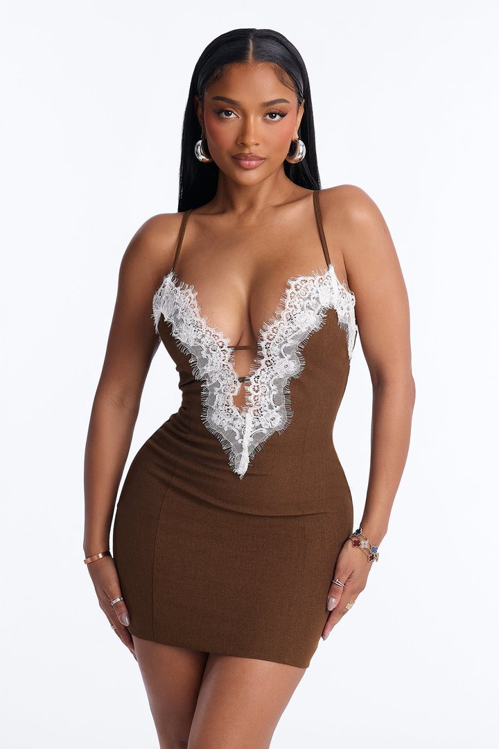 Estelle Lace Trim Mini Dress - Chocolate/Combo