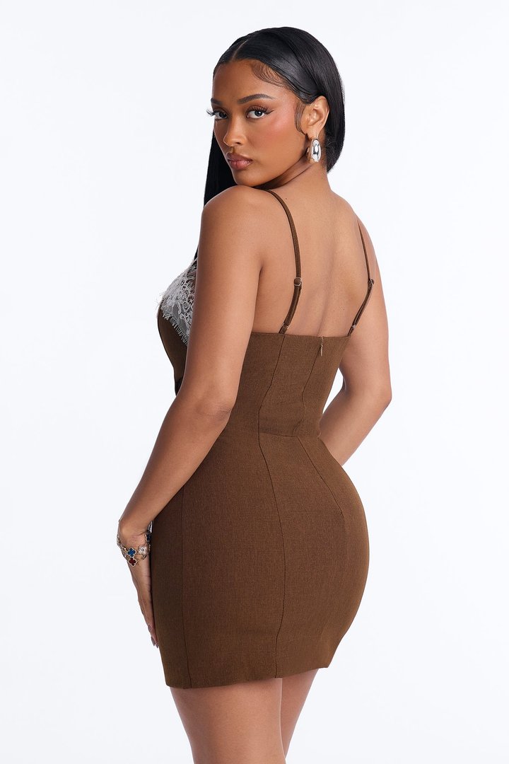 Estelle Lace Trim Mini Dress - Chocolate/Combo