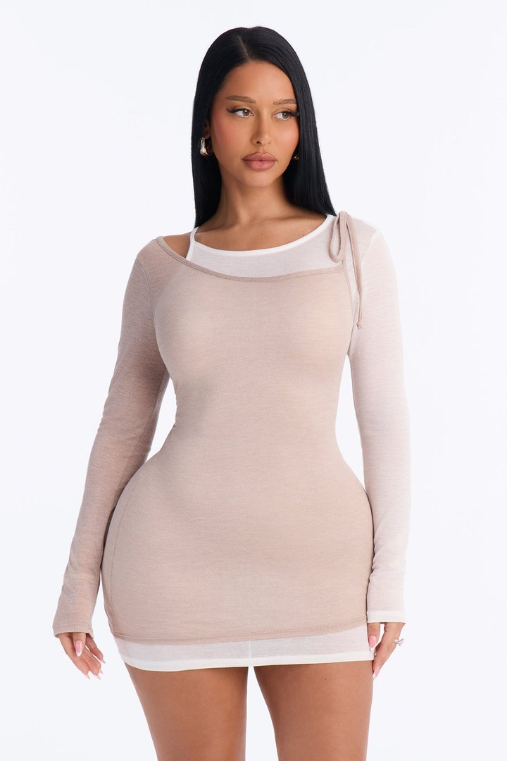 Kayla Soft Haze Tie Shoulder Mini Dress - Taupe/combo