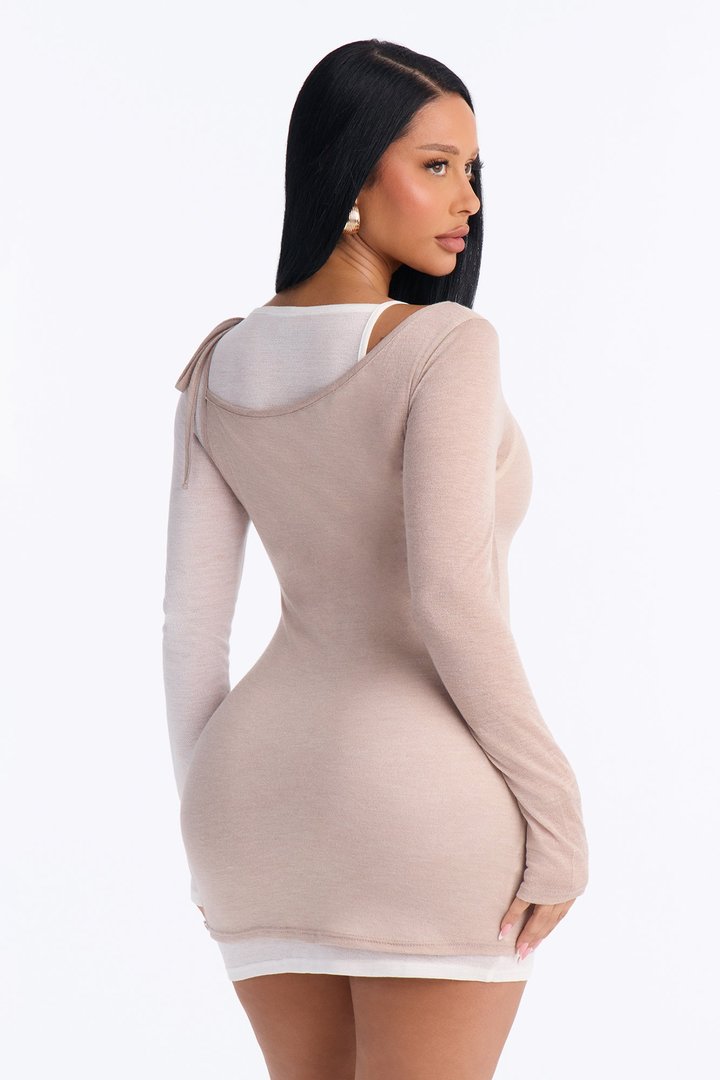Kayla Soft Haze Tie Shoulder Mini Dress - Taupe/combo