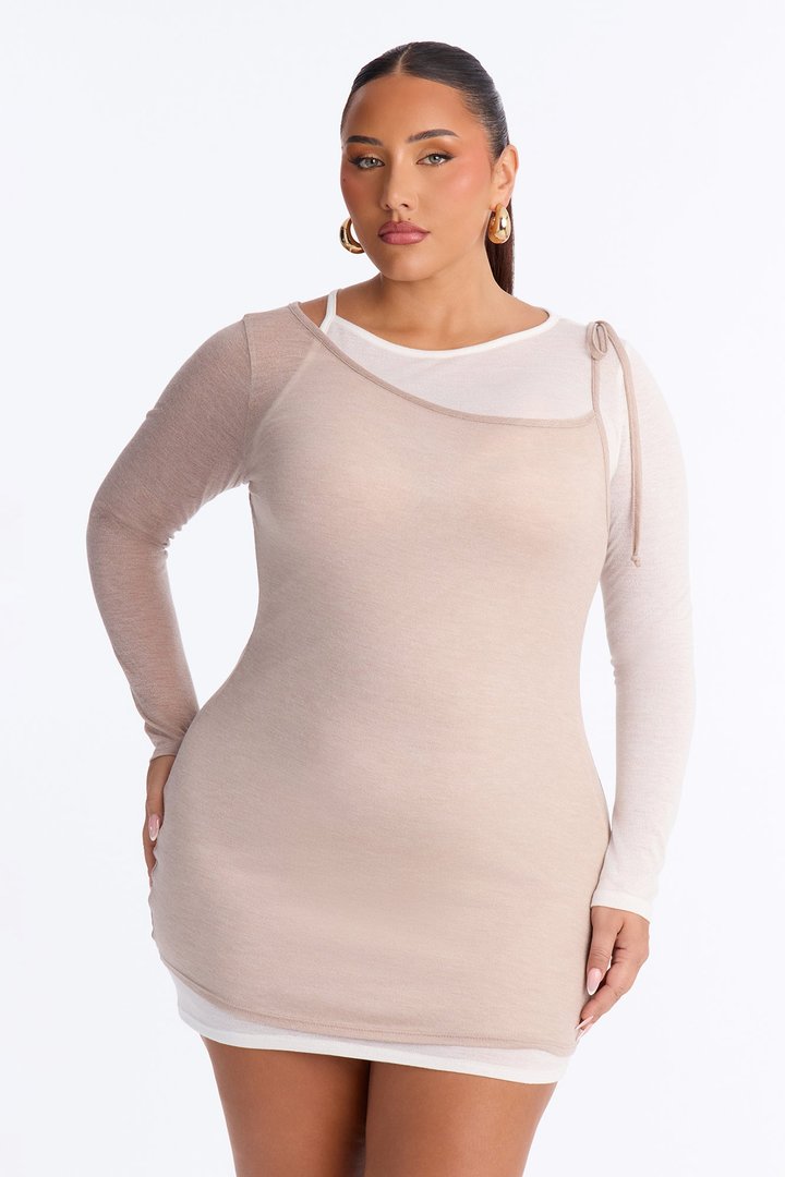 Kayla Soft Haze Tie Shoulder Mini Dress - Taupe/combo