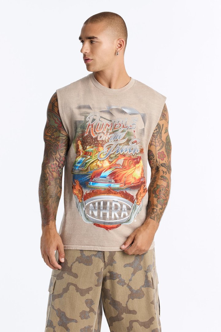 NHRA Rumble On The Track Vintage Oversized Muscle Tee - Taupe