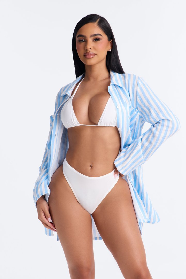 Sun Down Long Sleeve Cover Up Button Up Dress - Blue/combo