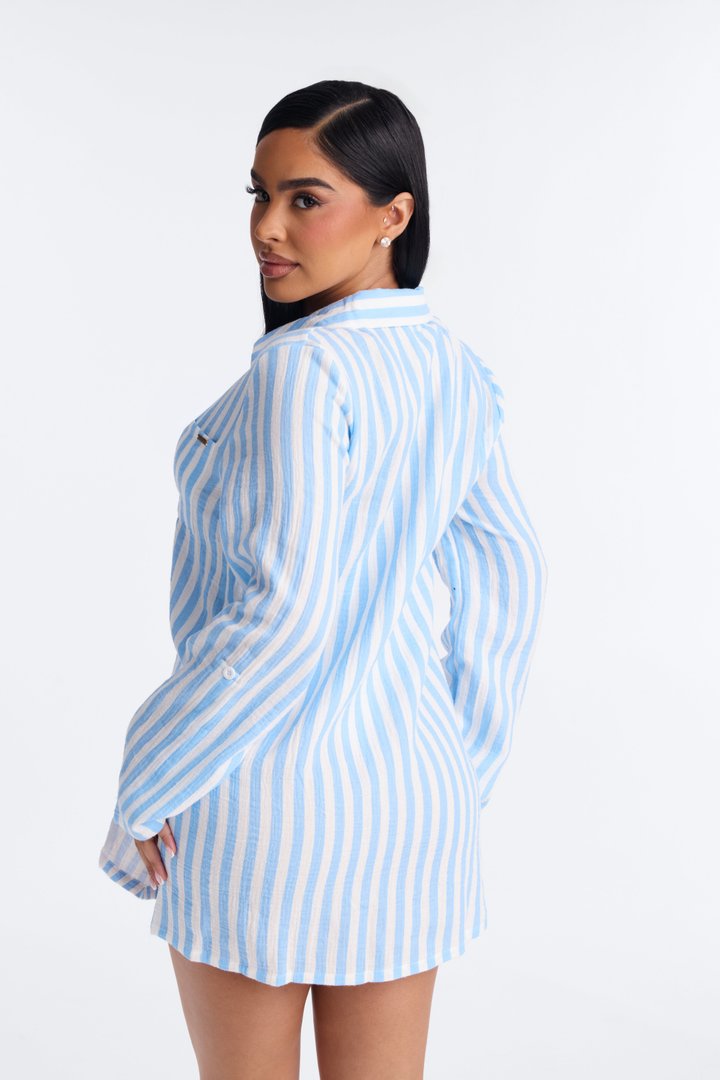 Sun Down Long Sleeve Cover Up Button Up Dress - Blue/combo