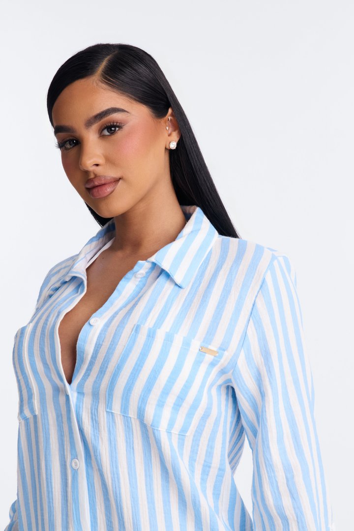 Sun Down Long Sleeve Cover Up Button Up Dress - Blue/combo