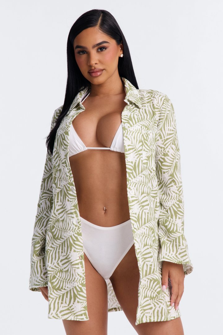 Sun Down Long Sleeve Cover Up Button Up Dress - Green