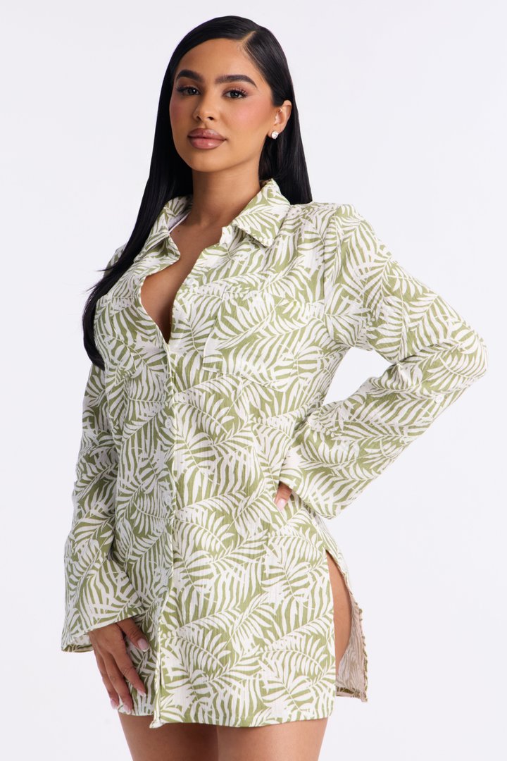 Sun Down Long Sleeve Cover Up Button Up Dress - Green