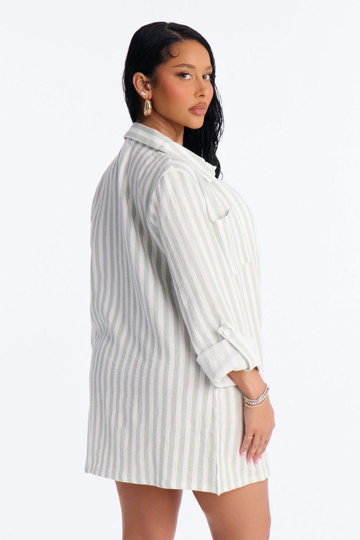 Sun Down Long Sleeve Cover Up Button Up Dress - Green/combo