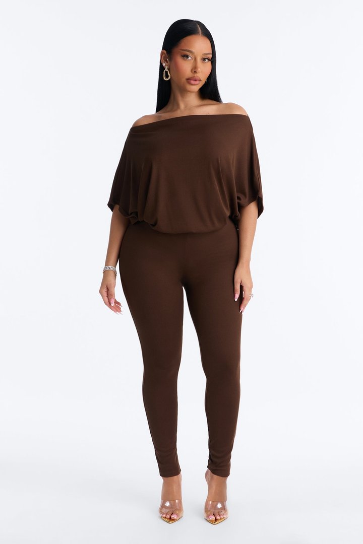 Kacee Off Shoulder Skinny Jumpsuit - Brown
