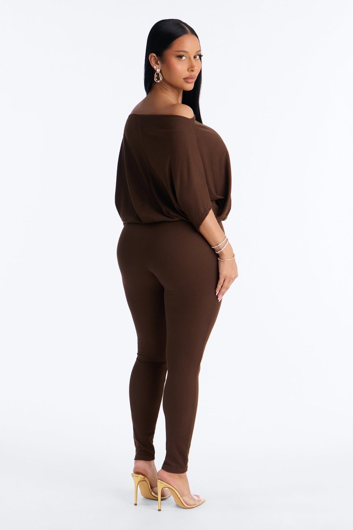 Kacee Off Shoulder Skinny Jumpsuit - Brown
