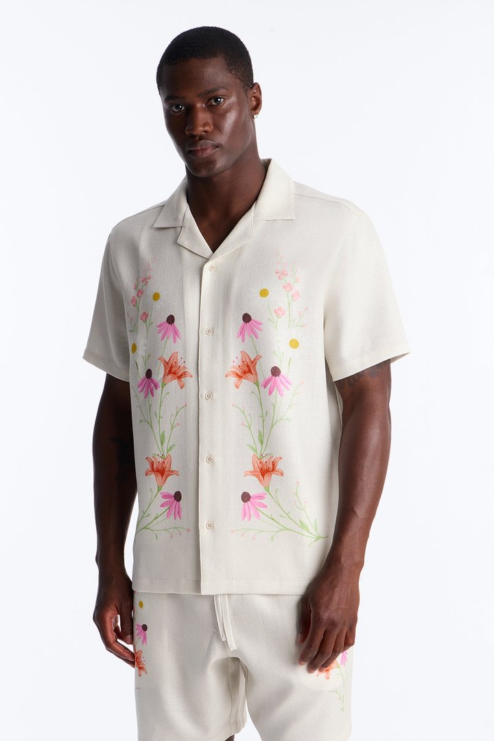 Florus Cuban Collar Button Up Shirt - Cream/combo