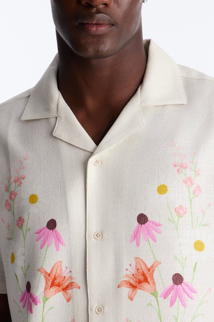 Florus Cuban Collar Button Up Shirt - Cream/combo