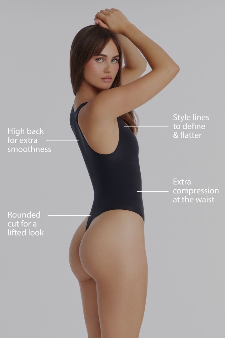 Nova Sculpt Seamless Strong Compression Scoop Neck Thong Bodysuit - Black
