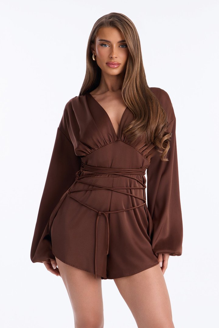 Mila Lace Up Satin Romper - Chocolate