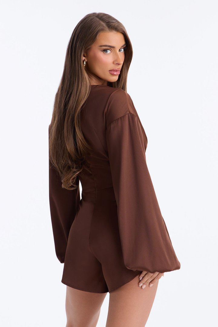 Mila Lace Up Satin Romper - Chocolate