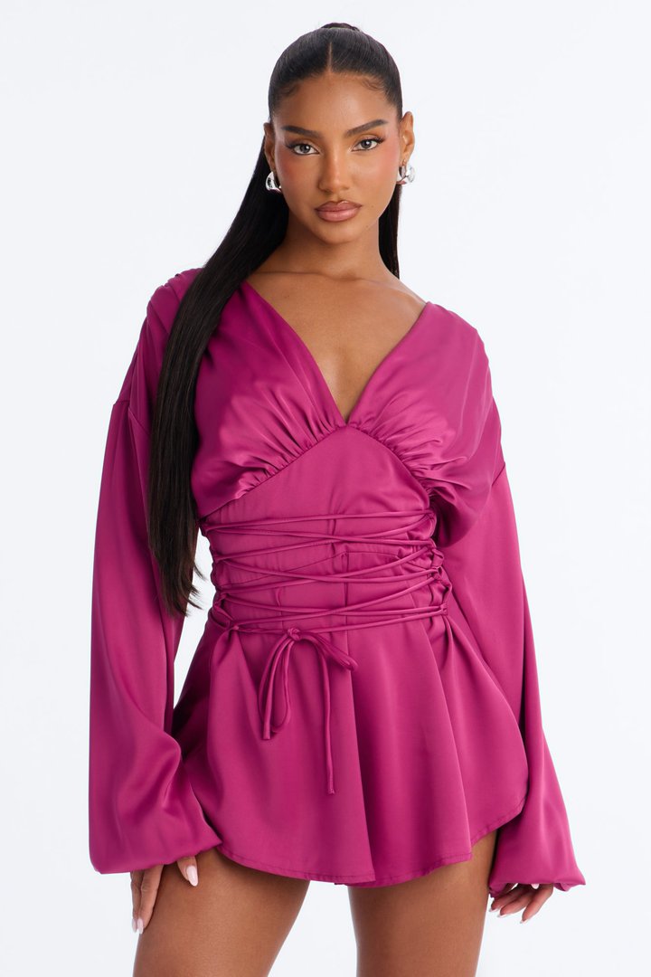Mila Lace Up Satin Romper - Magenta