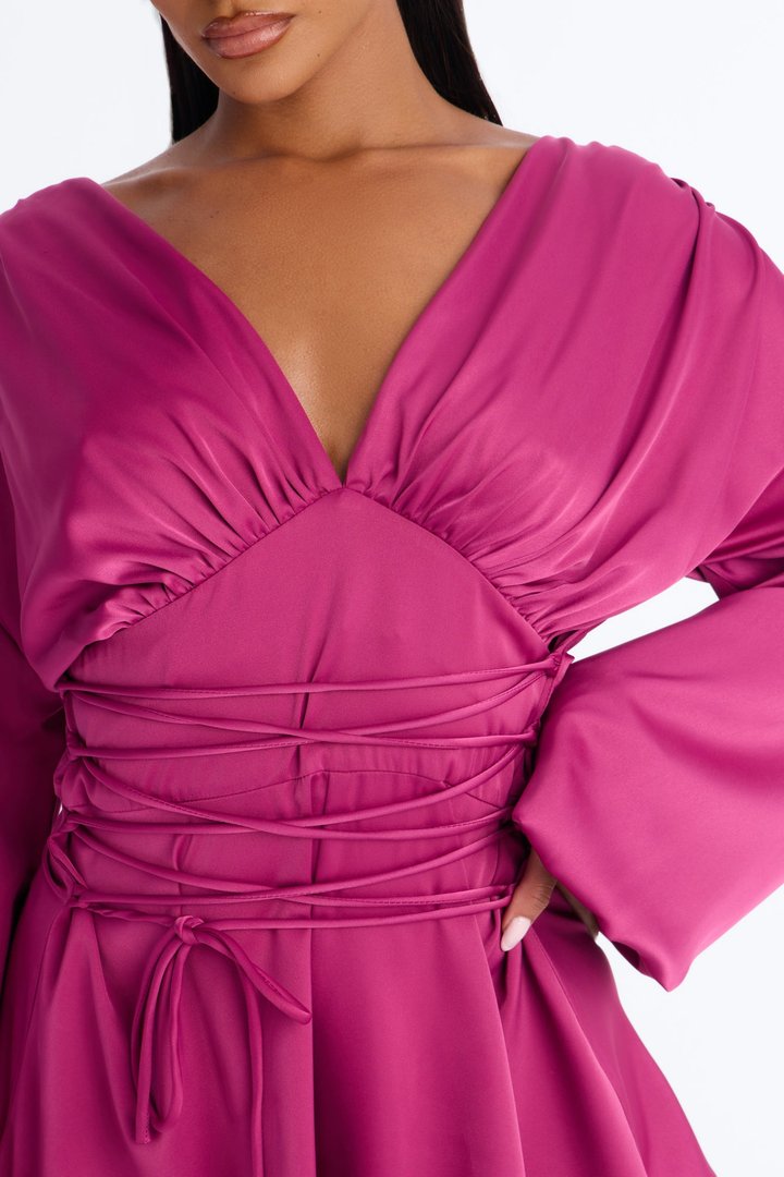 Mila Lace Up Satin Romper - Magenta