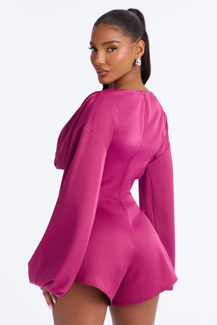 Mila Lace Up Satin Romper - Magenta