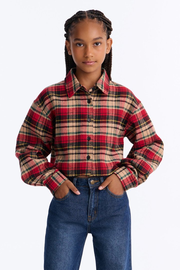 Mini Kira Cropped Plaid Flannel Shirt - Red/combo