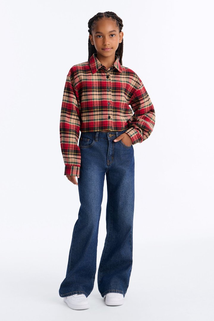 Mini Kira Cropped Plaid Flannel Shirt - Red/combo