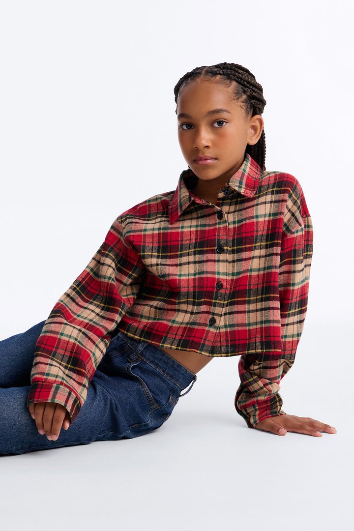 Mini Kira Cropped Plaid Flannel Shirt - Red/combo