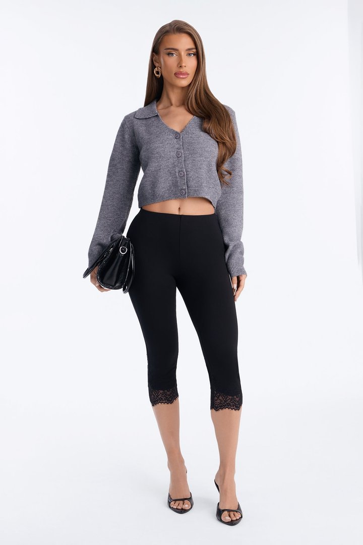 Midori Low Rise Lace Trim Capri Leggings - Black