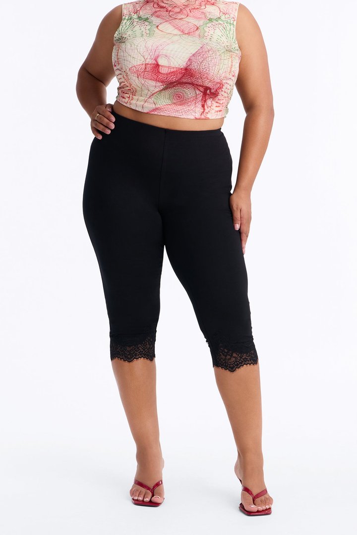 Midori Low Rise Lace Trim Capri Leggings - Black