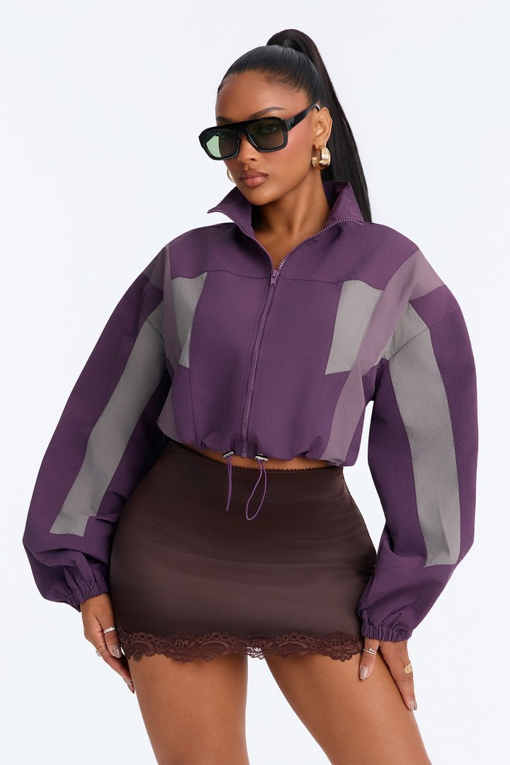 Feeling Fresh Nylon Blend Mock Neck Colorblock Windbreaker - Purple/combo