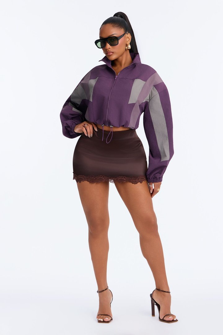 Feeling Fresh Nylon Blend Mock Neck Colorblock Windbreaker - Purple/combo
