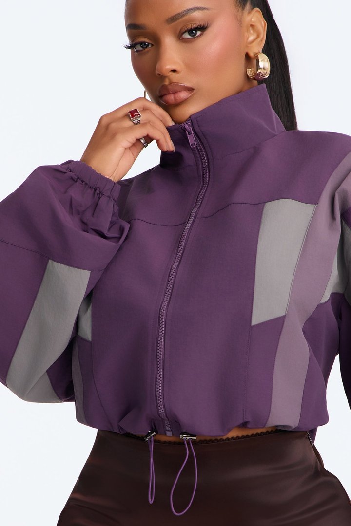 Feeling Fresh Nylon Blend Mock Neck Colorblock Windbreaker - Purple/combo