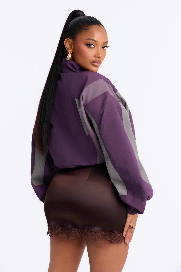 Feeling Fresh Nylon Blend Mock Neck Colorblock Windbreaker - Purple/combo