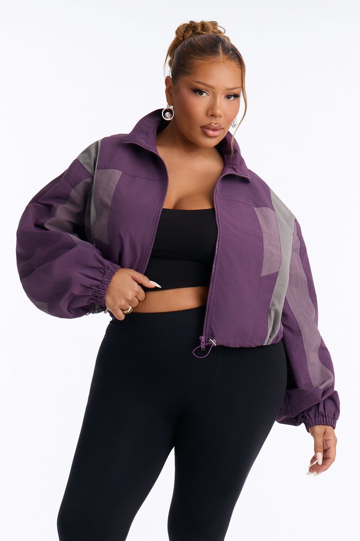 Feeling Fresh Nylon Blend Mock Neck Colorblock Windbreaker - Purple/combo