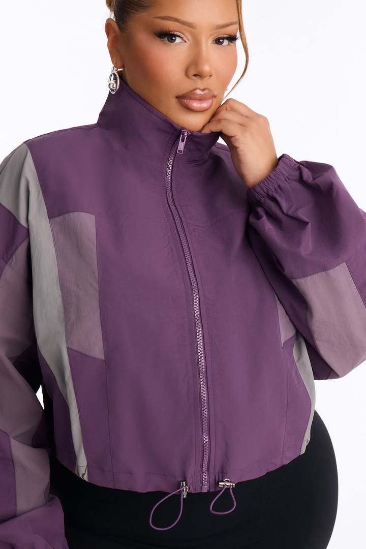 Feeling Fresh Nylon Blend Mock Neck Colorblock Windbreaker - Purple/combo