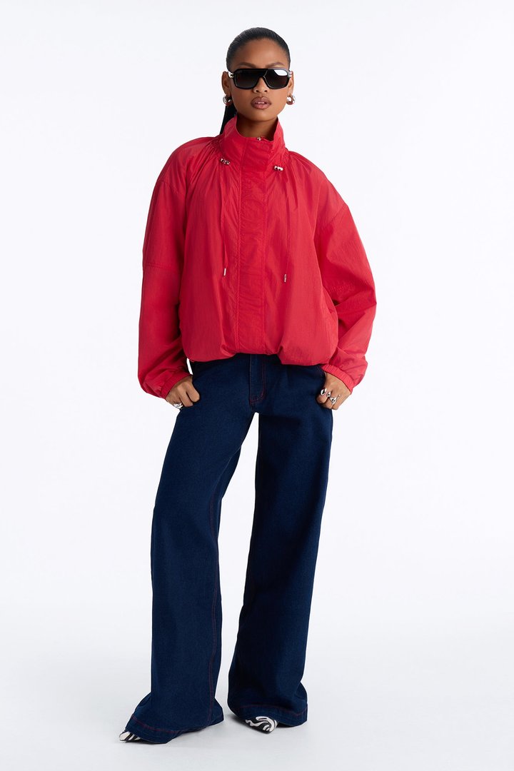 On The Move Funnel Neck Windbreaker Jacket - Red