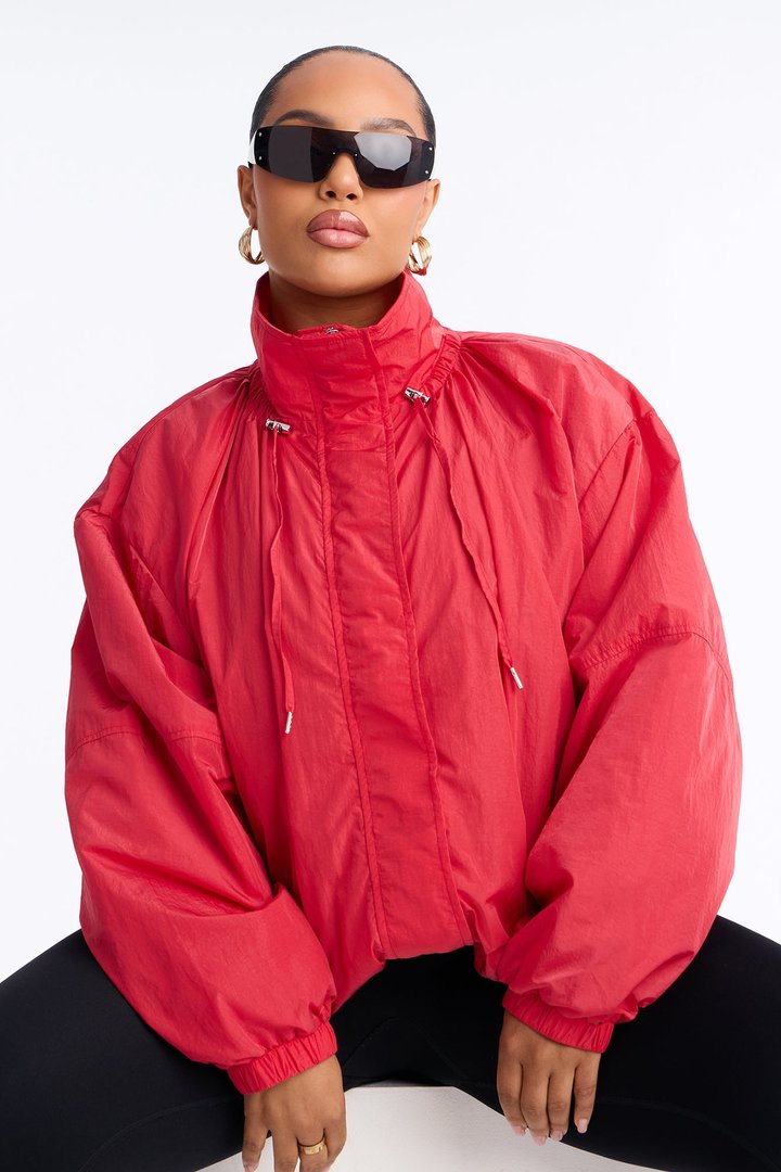 On The Move Funnel Neck Windbreaker Jacket - Red