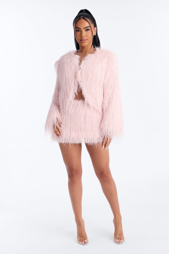 Cotton Candy Crush Faux Fringe Fur Cropped Coat - Pink