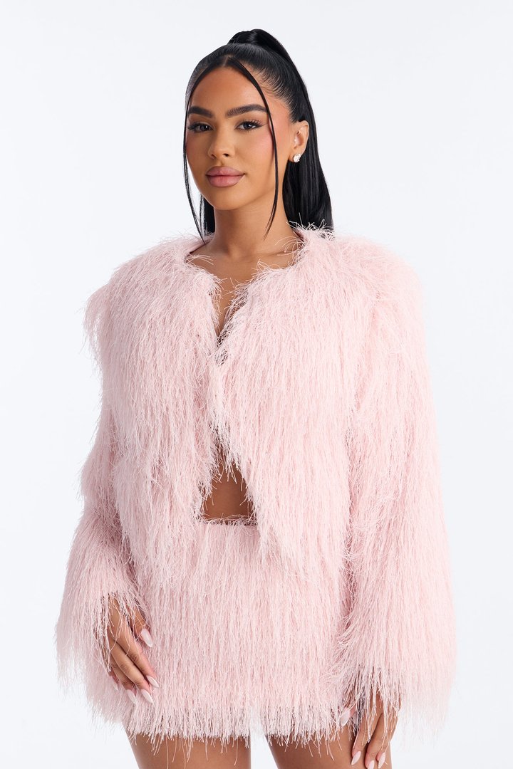 Cotton Candy Crush Faux Fringe Fur Cropped Coat - Pink