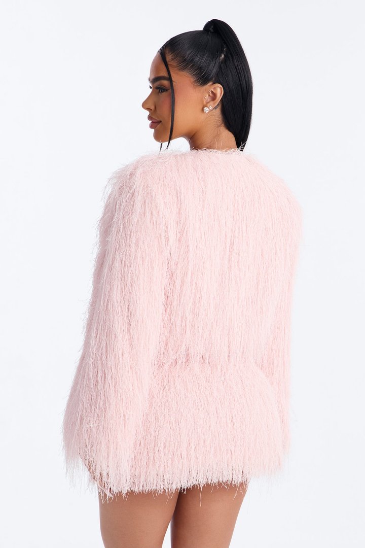 Cotton Candy Crush Faux Fringe Fur Cropped Coat - Pink