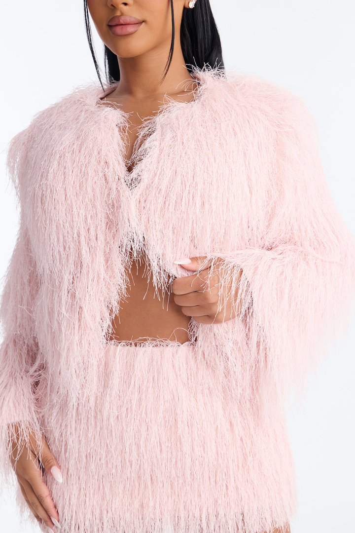 Cotton Candy Crush Faux Fringe Fur Cropped Coat - Pink